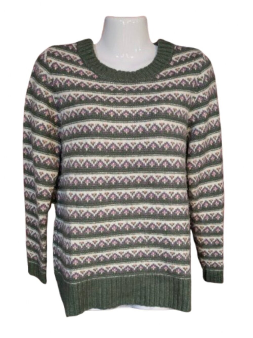 CROFT & BARROW Extra Cozy Sweater Olive Green White Fair Isle Geometric Hearts M